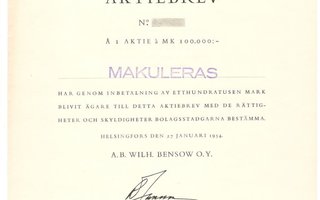 OKK Osakekirja Ab Wilh. Bensow osakeyhtiö 1954 blanco