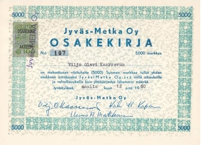 OKK 1960 Jyväs-Metka Oy, Jyväskylä osakekirja