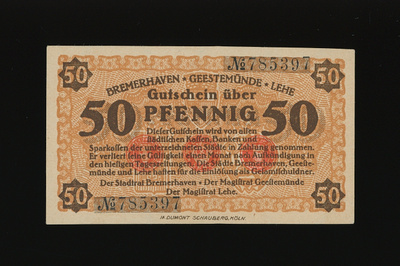 Saksa Notgeld 50 Pfg, Bremerhaven, Geestemünde, Lehe 1921