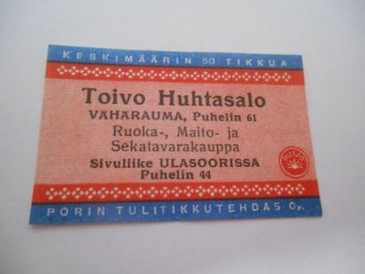 TT Etiketti Puijo Toivo Huhtasalo Vähärauma sivuliike Ulasoo