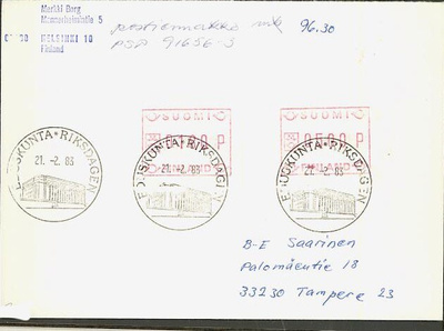 1983 Frama 500p ja 120p postiennakkokirje (kolmioleima takan
