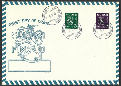 FDC 1948 M30 3mk vihreä ja 12/10 mk violetti LaPe 343-344