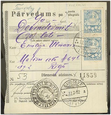 Latvia Mi 122 pari postiosoituksella
