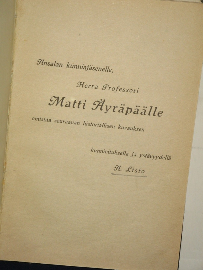 A. Listo : Ansalan kunniajäsenelle, Herra Professori Matti