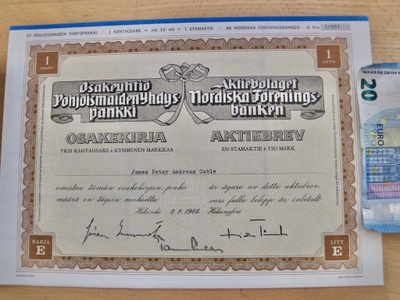 Osakekirja E SYP Pohjoismaiden Yhdyspankki 1966 + Talongit