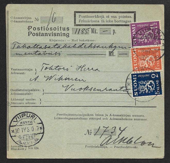 Postios. - käyttös 1930 (LAPE 150,152,153) Viipuri 30.4.30