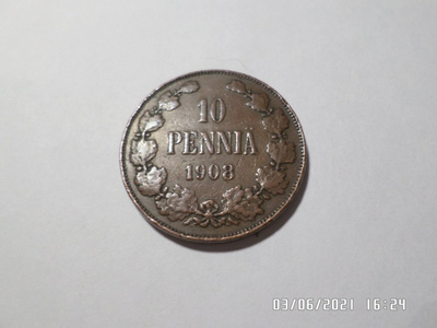 10  penniä 1908   hienokuntoinen  rahakehyksessä     Kl 6-7