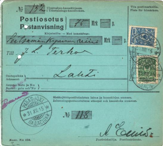POSTILÄHETYS PADASJOKI-LAHTI +SENSUURILEIMA