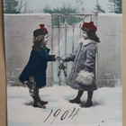 Tytöt vaihtamassa avaimia portilla, Uusi Vuosi, p. 1904 - pikkukuva 1
