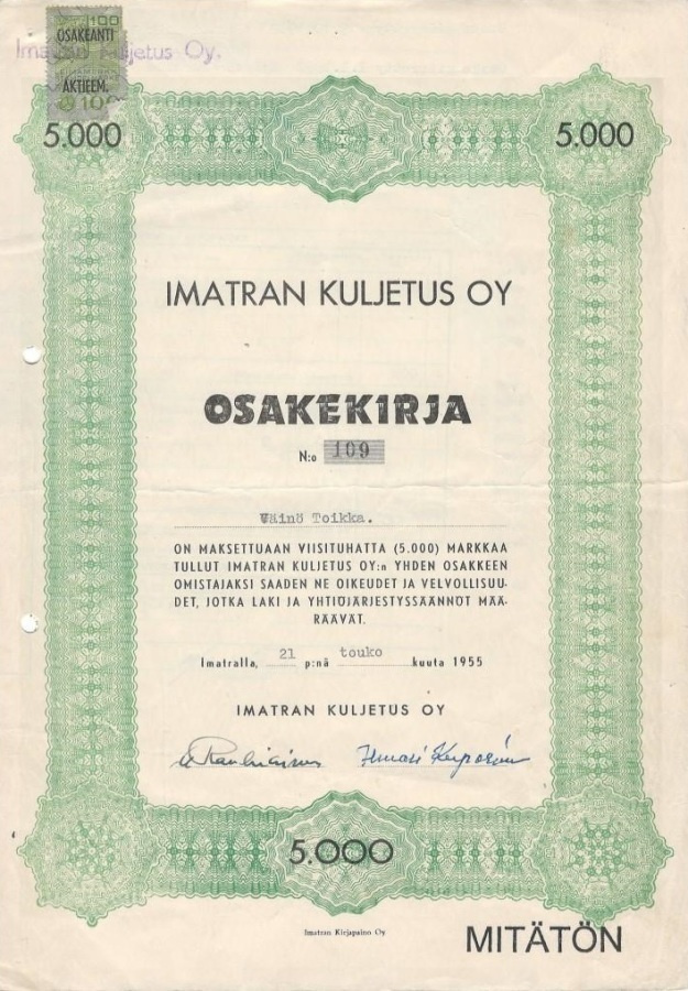 OKK 1955 Imatran Kuljetus Oy, Imatra osakekirja