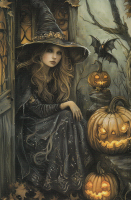 Halloween kaunis noita ja kurpitsat