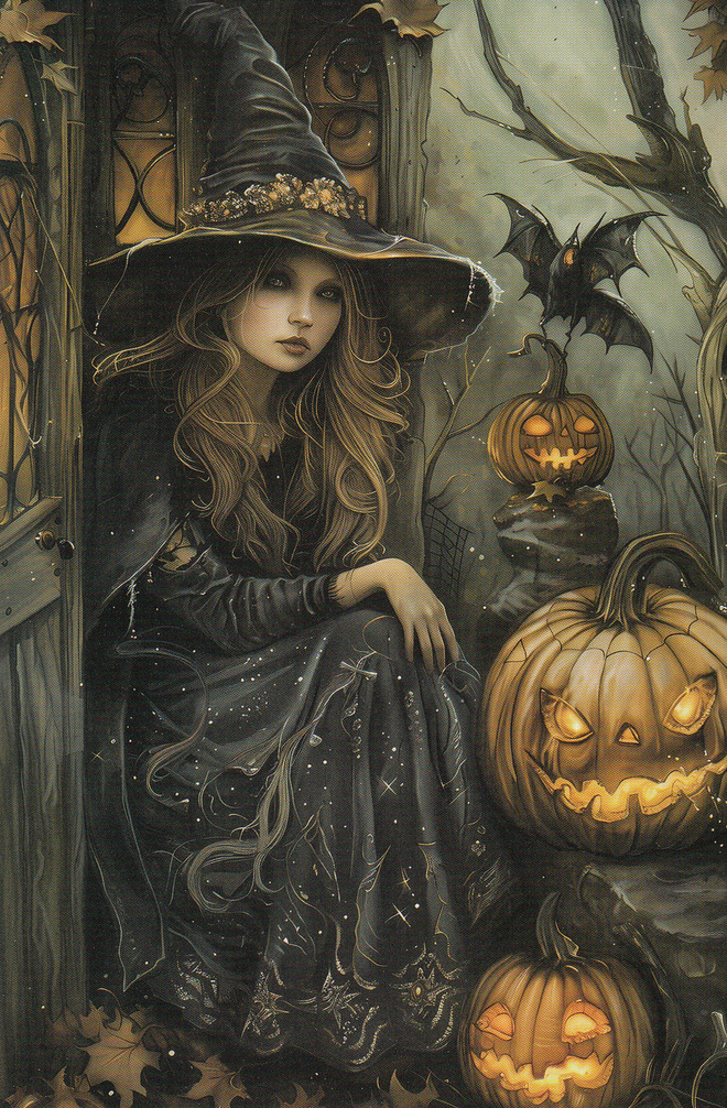 Halloween kaunis noita ja kurpitsat