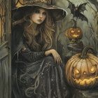 Halloween kaunis noita ja kurpitsat - pikkukuva 1