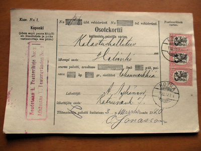 1920 Kotka osoitekortti Kalastushallitukseen lohenmerkkejä