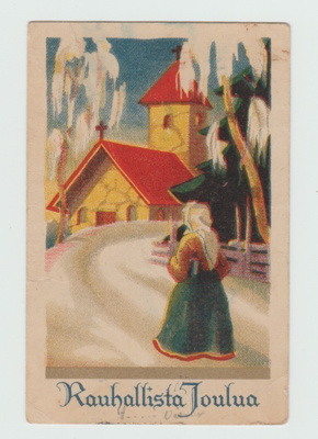 Nainen matkalla kirkkoon (7x11 cm) (T)