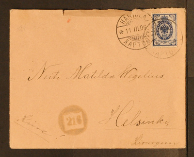 # 23618 # Numeroleima 216 + Hartola kirje Helsinki - 1906