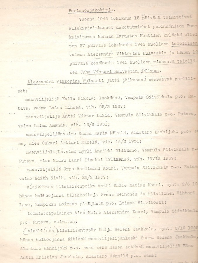 Perinnönjakokirja, Punkalaidun, 1945.