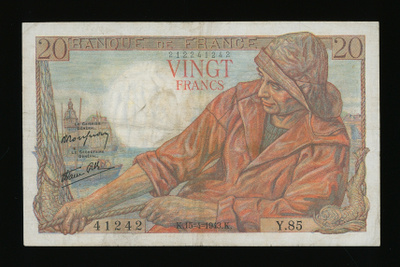 Ranska 20 Francs 15.4.1943, Kalastaja-tyyppi, P-100a F+