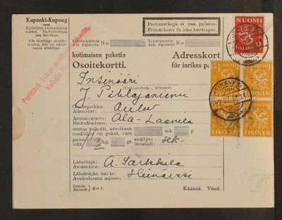 # 23686 # Osoitekortti Heinävesi > Oulu > Tuira - 1941