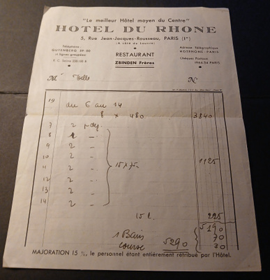Hotel Du Rhone , Paris , vanha kuitti