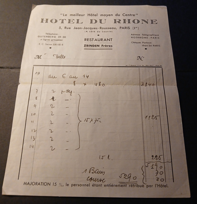 Hotel Du Rhone , Paris , vanha kuitti