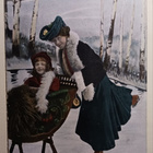 Äiti työntää lastaan hienossa kelkassa hangessa, p. 1905 - pikkukuva 1