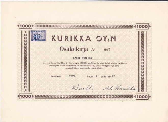 OKK 1949 Kurikka Oy, Lahti osakekirja nro 007