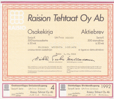 OKK 1988 Raision Tehtaat Oy spec, Raisio pörssi osakekirja