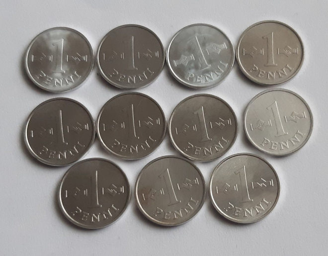 1 penni vuodet 1969 - 1979, yhteensä 11 kpl, UNC