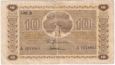 10 Markkaa 1939 Litt.D A-sarjaa, kulmakuvio I, vl.II, kl.4