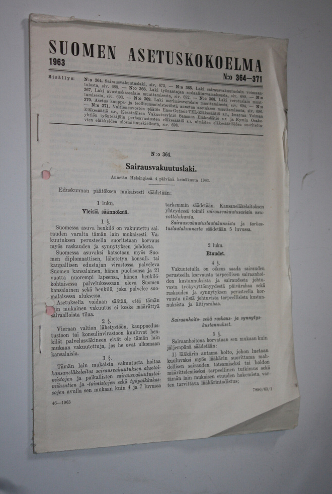 Suomen asetuskokoelma 1963 n:o 364-371