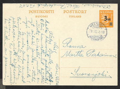 Postil. - Ehiö 3/2mk (LAPE 79) Helsinki 29.8.1945