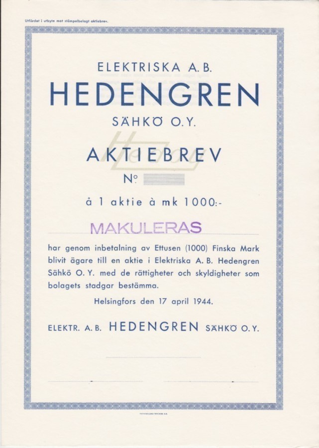 OKK 1944 Hedengren Sähkö Oy bla, Helsinki osakekirja