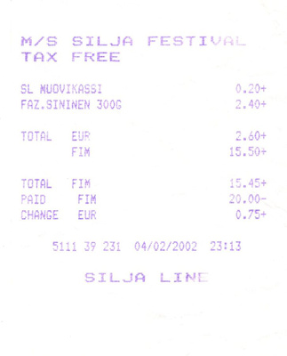 M/S SILJA FESTIVAL TAX FREE KUITTI 2002