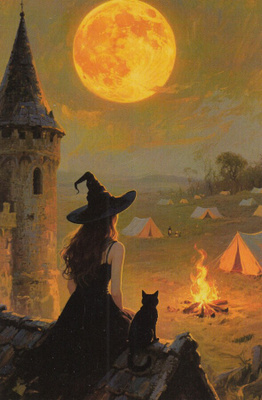 Halloween noita ja kissa, katsovat leirinuotiota