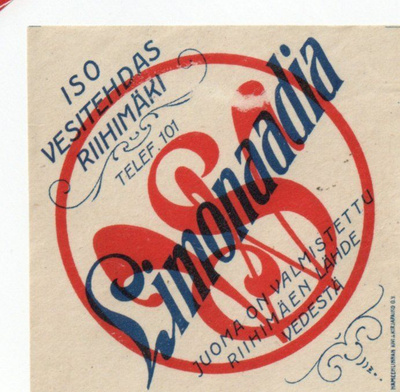 Vanha etiketti. Limonaadia. ISO VESITEHDAS RIIHIMÄKI.