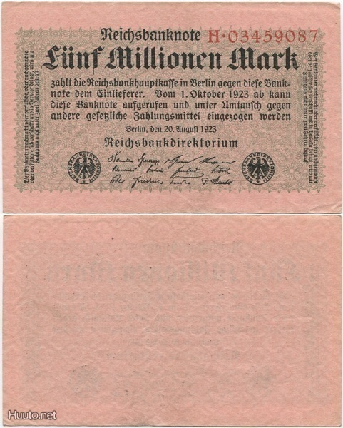 Saksa (Weimar) 5 Milj. Mark 1923 (P-105 / Ro.104a) XF