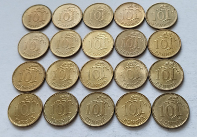 10 penniä, kaikki vuodet 1963-1982, 20 kolikkoa. Circ