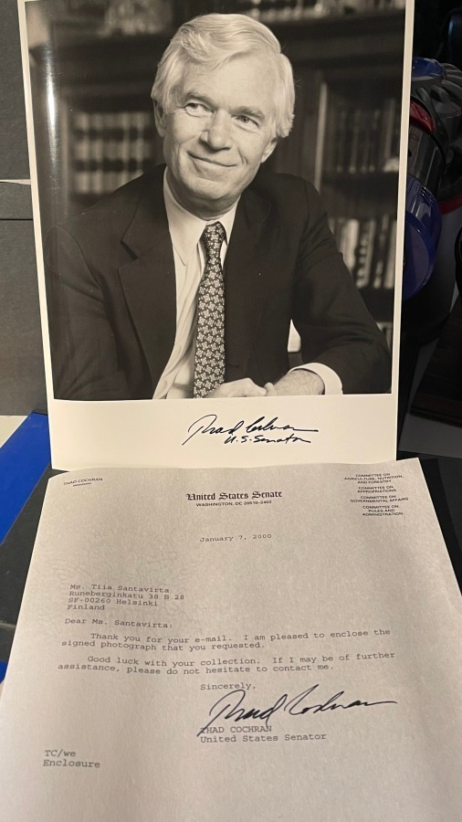 Senaattori Thad Cochran nimikirjoitus ja kirje