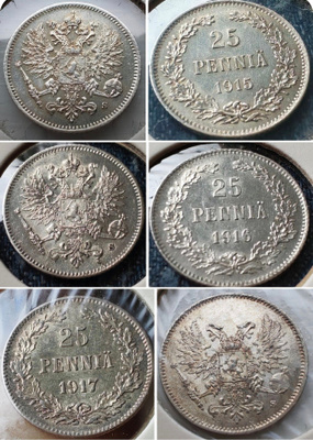 25 PENNIÄ (3kpl erä) v.1915,1916,1917 hopeaa
