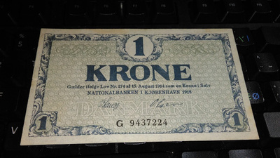 Danmark Tanska 1 krone 1914-18 VF+