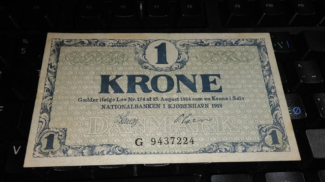 Danmark Tanska 1 krone 1914-18 VF+