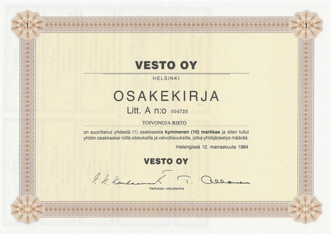 OKK 1984  Vesto Oy, Helsinki osakekirja pörssi YIT