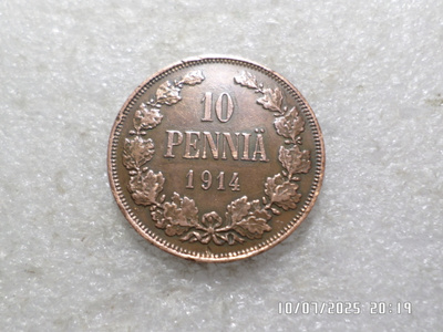 10 penniä 1914 kulkematon siisti raha, kl 8-9
