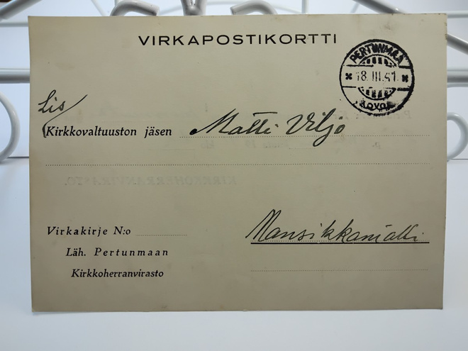 Virallinen postikortti Pertunmaa v.1941