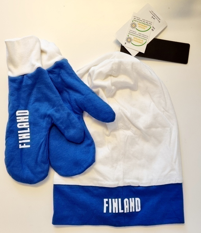 Suomi -fanisetti: Pipo ja lapaset (sini-valko, Suomen lippu)
