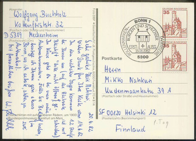 BRD Mi 1139 pari postikortti Suomeen - 1.päivä