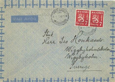 M30 1947 7mk punainen pari lentokirje Ruotsiin 9.5.48