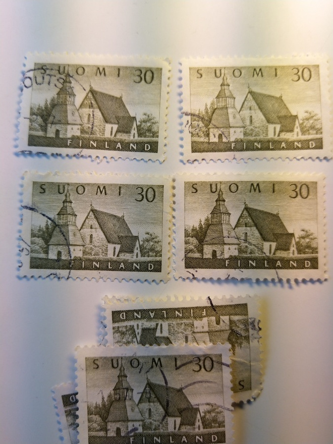 Malli 1954 Lammin kirkko oliivi postimerkki 30 markka
