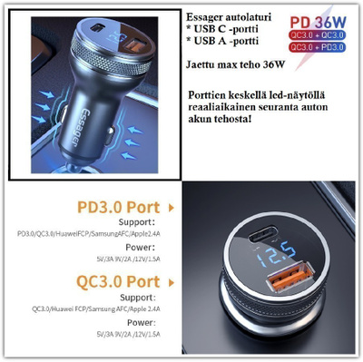 ESSAGER USB PD/QC-autolaturi - näytöllä akun jännite #30674